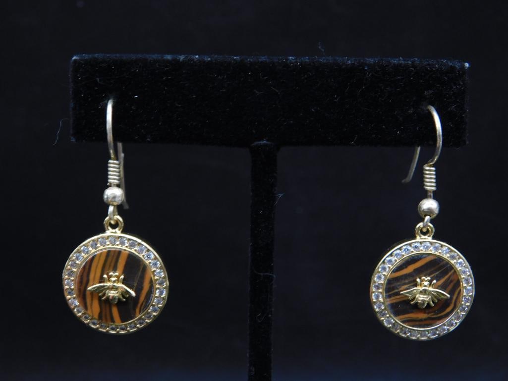 Gold-Tone Drop Earrings With Bee Motif and Crystals: Gold-Tone Drop Earrings With Bee Motif and Crystals