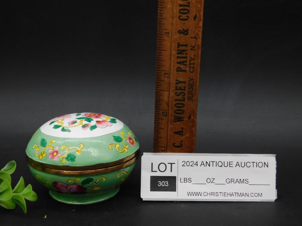 Hand-Painted Circular Trinket Box With Floral Motif: Hand-Painted Circular Trinket Box With Floral Motif