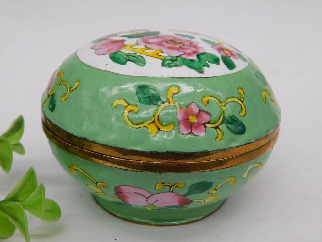 Green Cloisonne Style Round Trinket Box with Floral Design: Green Cloisonne Style Round Trinket Box with Floral Design