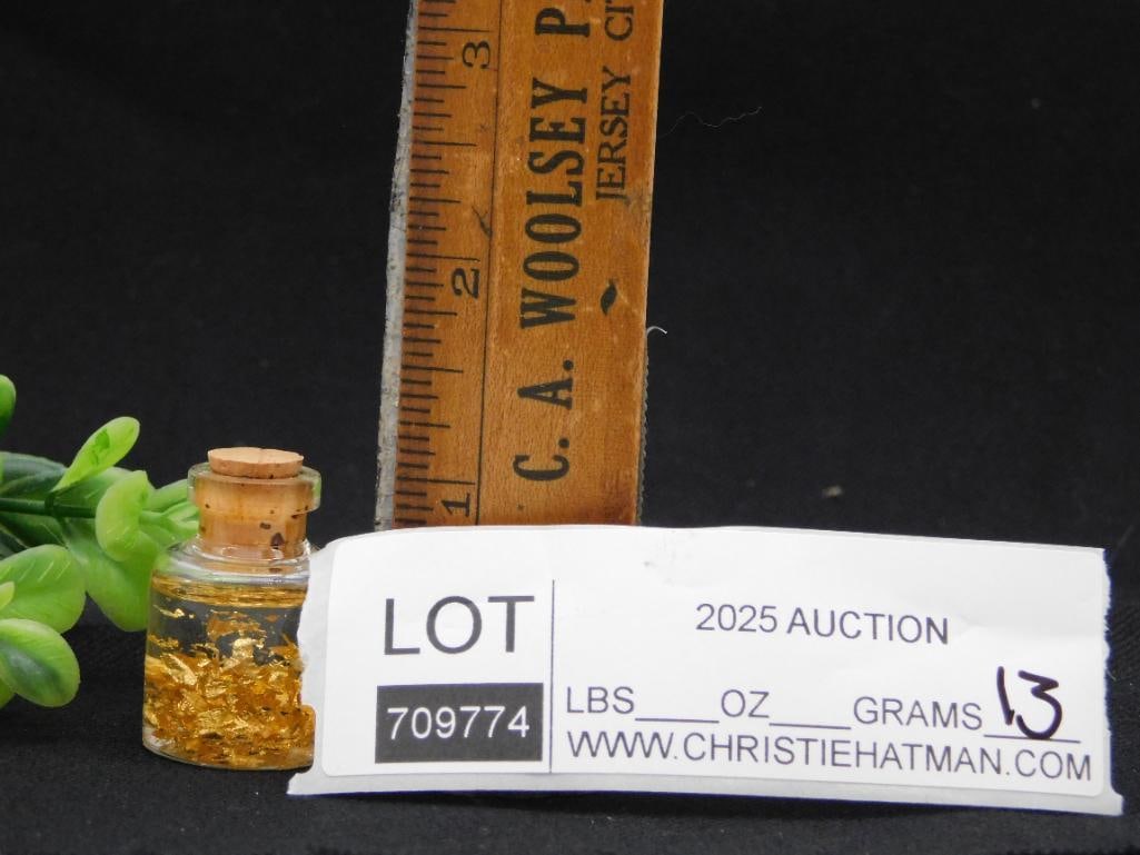 Miniature Bottle with Gold Flakes and Cork Stopper Rock Stone Lapidary Specimen: Miniature Bottle with Gold Flakes and Cork Stopper Rock Stone Lapidary Specimen