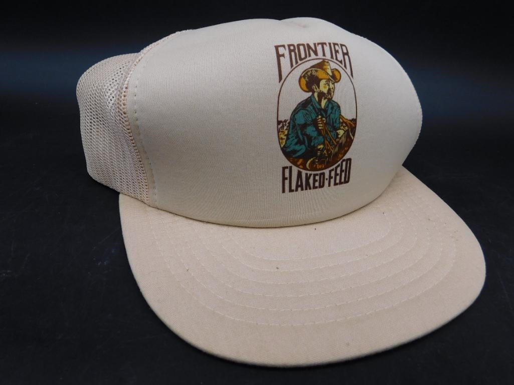 VINTAGE FRONTIER FLAKED FEED TRUCKER HAT: VINTAGE FRONTIER FLAKED FEED TRUCKER HAT