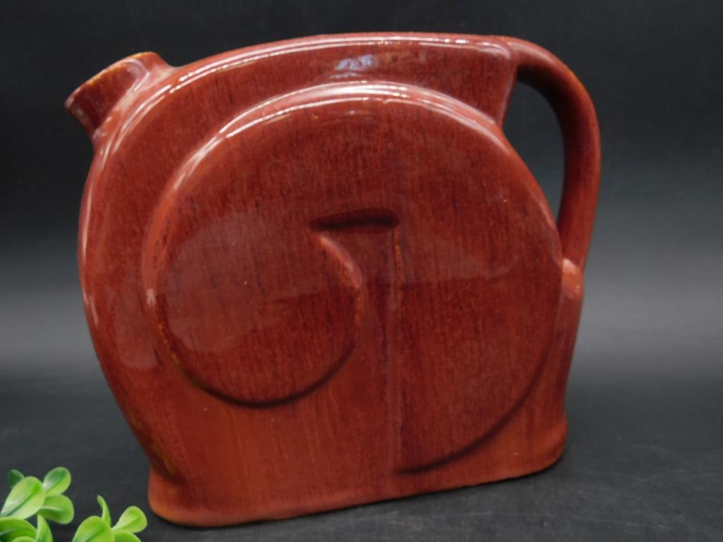Mid Century Red Glazed Ceramic Teapot with Geometric Design: Mid Century Red Glazed Ceramic Teapot with Geometric Design