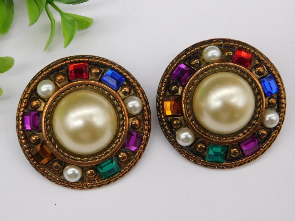 Vintage Clip-On Earrings With Faux Pearls and Multi-Colored Stones: Vintage Clip-On Earrings With Faux Pearls and Multi-Colored Stones