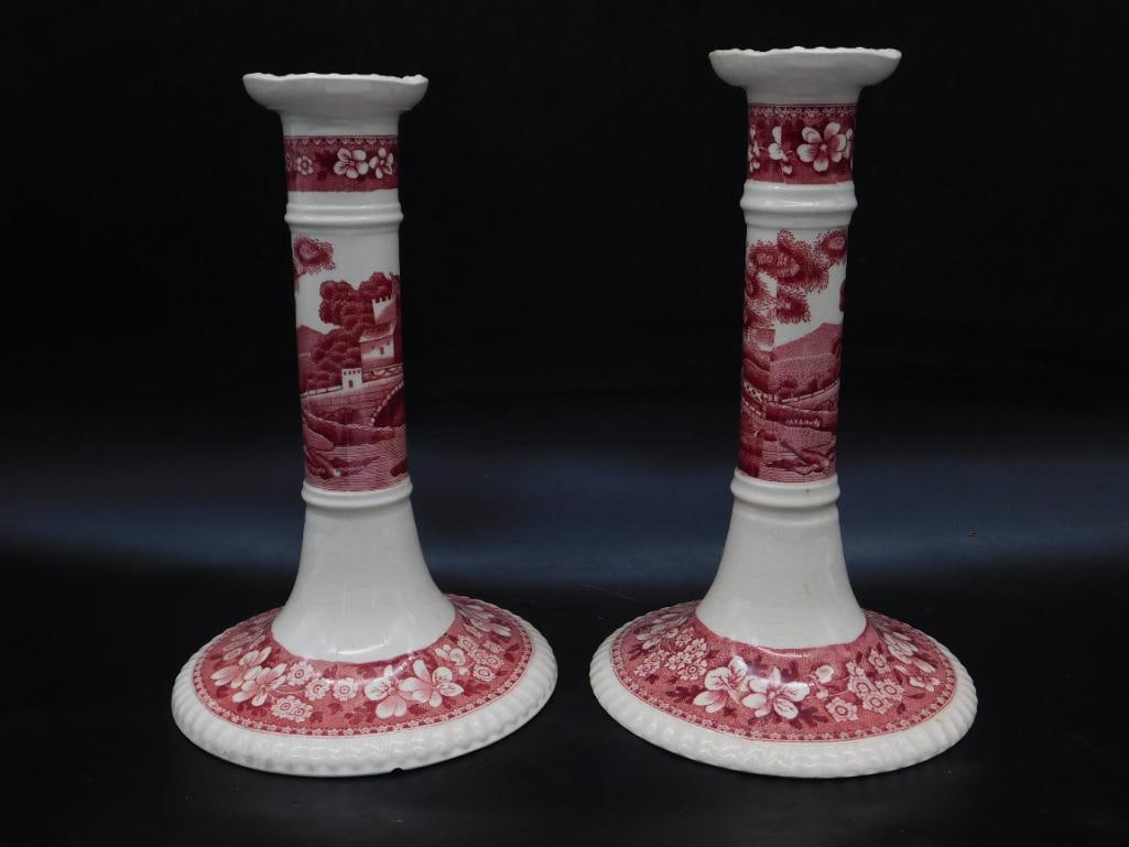 COPELAND SPODE TOWER PINK CANDLESTICKS VINTAGE ANTIQUE: COPELAND SPODE TOWER PINK CANDLESTICKS VINTAGE ANTIQUE