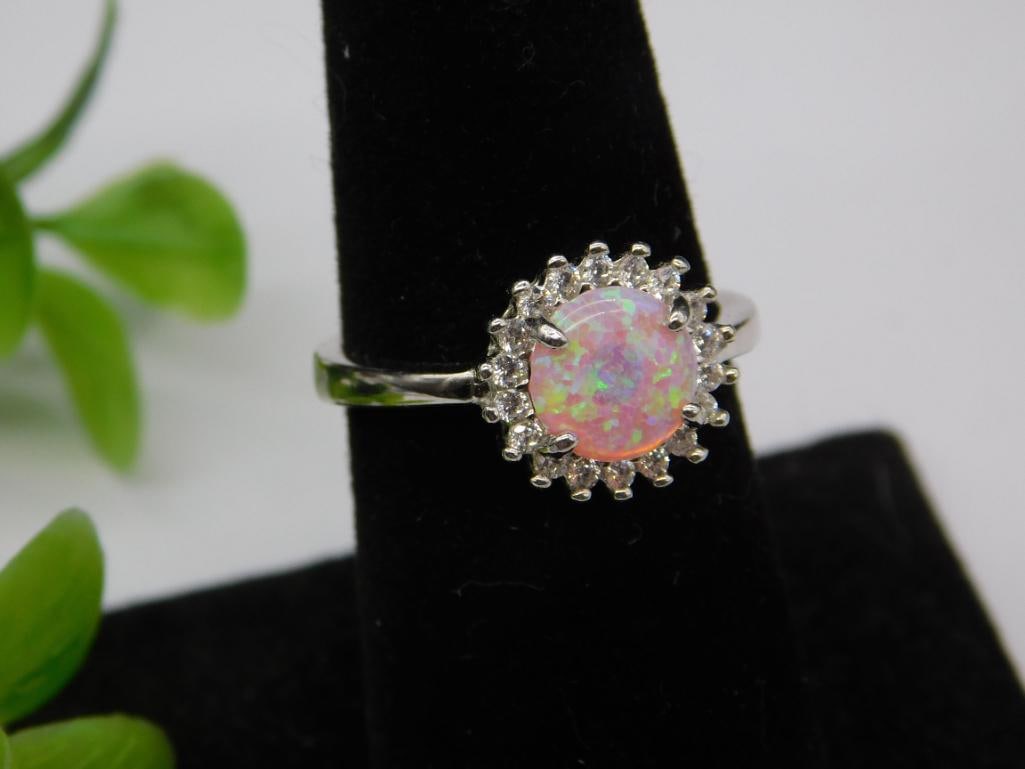 Sterling Silver Ring with Opal and CZ Accents, Size 8: Sterling Silver Ring with Opal and CZ Accents, Size 8
