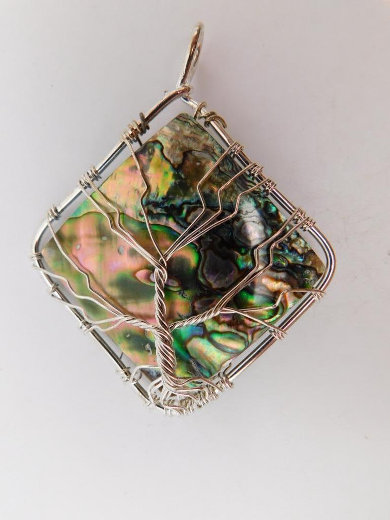 ABALONE STONE WIRE TREE PENDANT ROCK STONE LAPIDARY SPECIMEN: ABALONE STONE WIRE TREE PENDANT ROCK STONE LAPIDARY SPECIMEN