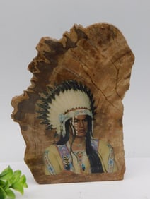 Petrified Wood Slab With Native American Chief Illustration