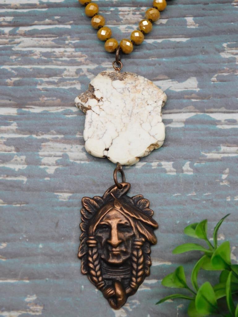 CHIEF AND STONE PENDANT ON SPARKLE BEAD NECKLACE: CHIEF AND STONE PENDANT ON SPARKLE BEAD NECKLACE