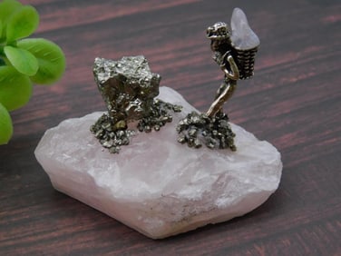 PYRITE MINER ON ROSE QUARTZ ROCK STONE LAPIDARY SPECIMEN