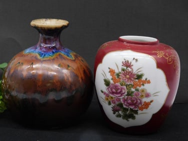 Two Decorative Vases: Glazed and Floral Design