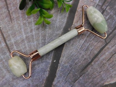 Green Facial Roller with Rose Gold Accents Rock Stone Lapidary Specimen