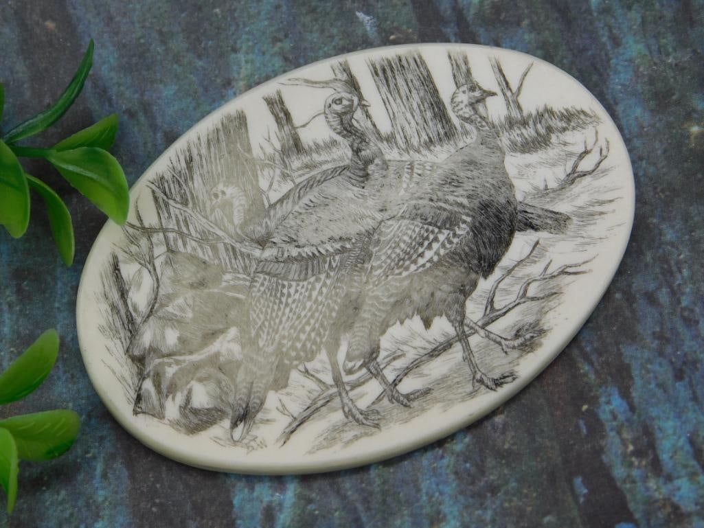 Scrimshaw Cabochon with Hunting Scene: Scrimshaw Cabochon with Hunting Scene