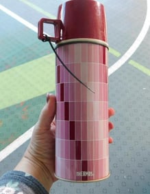 VINTAGE THERMOS VACUUM FLASK IN PINK AND MAROON MOSAIC DESIGN