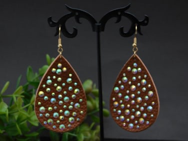 Teardrop Faux Leather Earrings with Rhinestone Accents