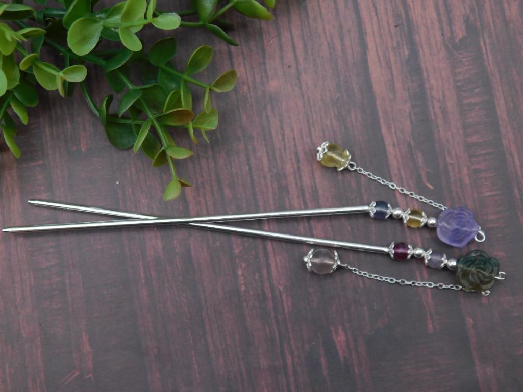 Two Hairpins with Carved Gemstone Accents: Two Hairpins with Carved Gemstone Accents