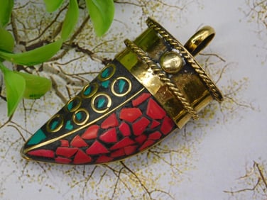 Malachite and Red Coral Colorful Mosaic Horn-Shaped Pendant with Metal Accents