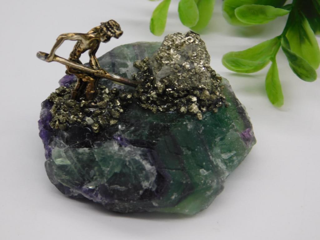 Miner Figurine on Fluorite and Pyrite Base Rock Stone Lapidary Specimen: Miner Figurine on Fluorite and Pyrite Base Rock Stone Lapidary Specimen