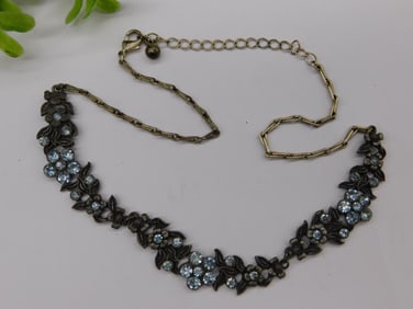 Floral Necklace With Blue Rhinestones and Antique Finish