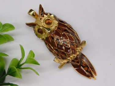 Gold-Tone Owl Pendant/Brooch with Enamel Accents