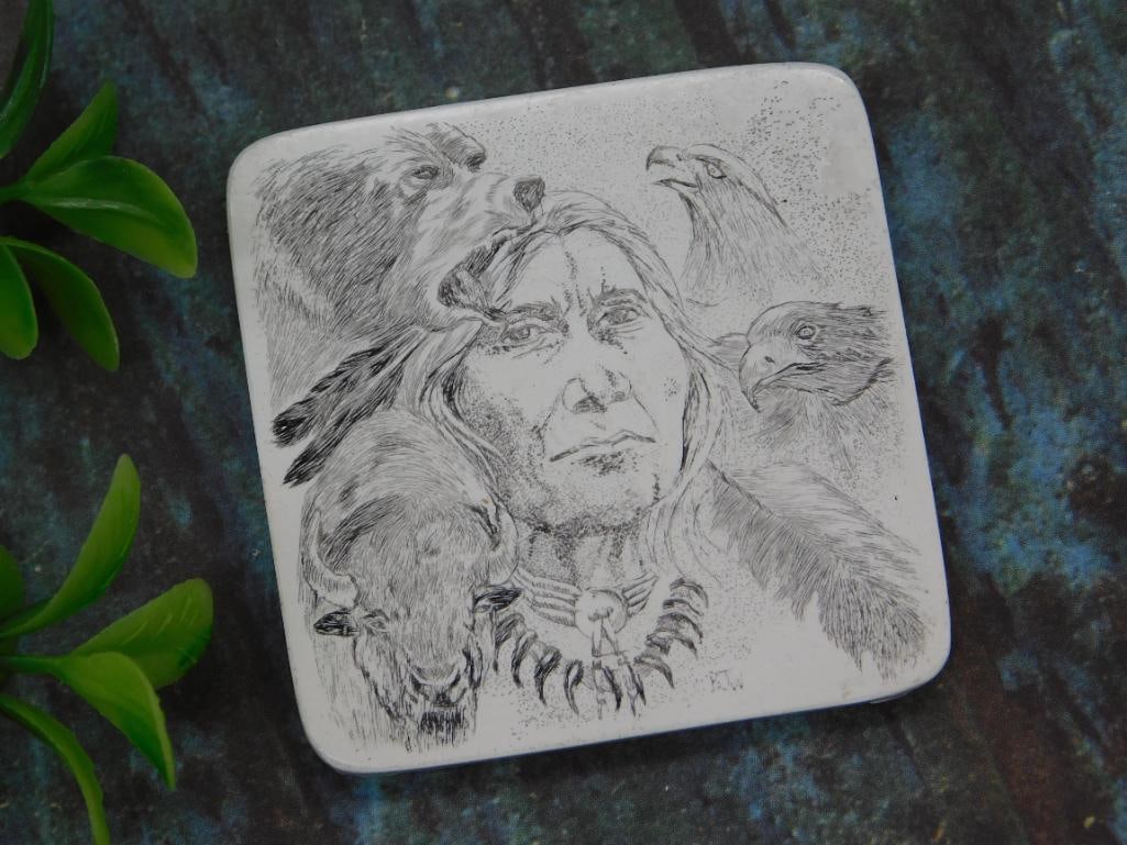 Square Scrimshaw Cabochon Native American Design: Square Scrimshaw Cabochon Native American Design