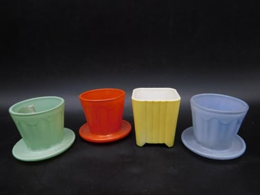 Four Colorful Vintage Planters with Saucers