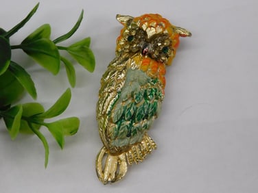 Vintage Gold-Tone Owl Brooch With Multicolor Accents