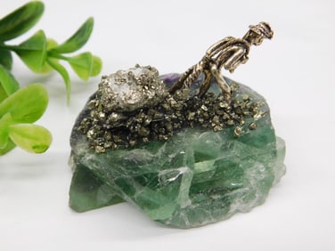 Green Fluorite Rock With Pyrite and Metal Decoration ROCK STONE LAPIDARY SPECIMEN