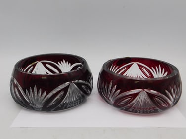 RUBY BOHEMIAN CUT TO CLEAR GLASS BOWLS VINTAGE ANTIQUE