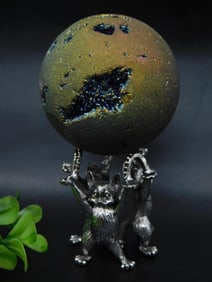 DRUZY TITANIUM SPHERE ON METAL DISPLAY ROCK STONE LAPIDARY SPECIMEN