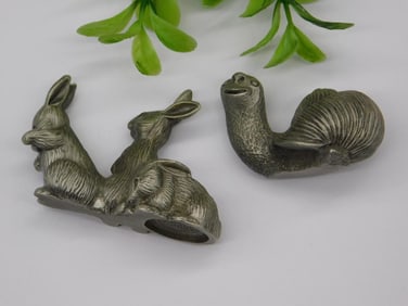 RABBITS AND SNAIL PEWTER STATUES VINTAGE ANTIQUE