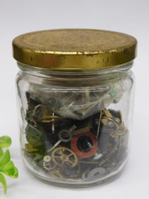 VINTAGE WATCH PARTS IN GLASS JAR ANTIQUE WATCHMAKING