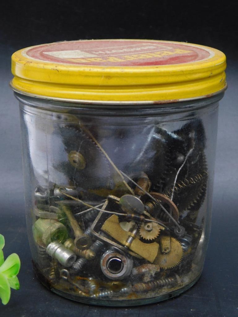 MIXED TOOLS IN GLASS JAR, SCREWS, GEARS, SPRINGS, VARIOUS MECHANISMS: MIXED TOOLS IN GLASS JAR, SCREWS, GEARS, SPRINGS, VARIOUS MECHANISMS