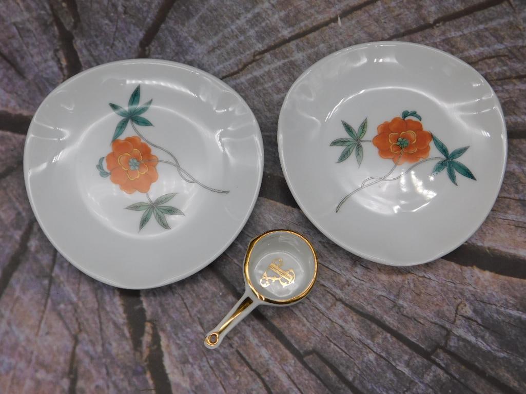FRENCH RAYNAUD LIMOGES PORCELAIN PLATES WITH LIMOGES LASSERRE MINIATURE SAUCEPAN VINTAGE ANTIQUE: FRENCH RAYNAUD LIMOGES PORCELAIN PLATES WITH LIMOGES LASSERRE MINIATURE SAUCEPAN VINTAGE ANTIQUE