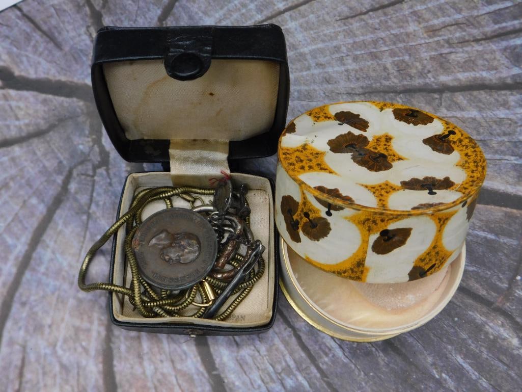 VINTAGE MIXED LOT, COTY POWDER, COIN, NECKLACE CHAIN, TRINKET BOX: VINTAGE MIXED LOT, COTY POWDER, COIN, NECKLACE CHAIN, TRINKET BOX