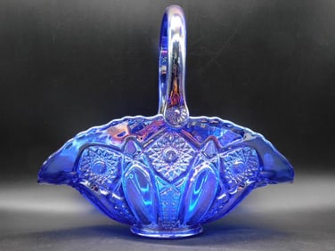 VINTAGE L.E. SMITH COBALT BLUE CARNIVAL GLASS BASKET QUINTEC OR WEDDING BASKET