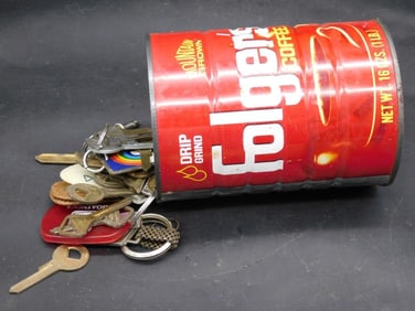 VINTAGE FOLGERS CAN FILLED WITH KEYS AND ADVERTISING KEYCHAINS