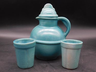 FRANKOMA PITCHER WITH TWO SMALL TUMBLERS TURQUOISE GLAZE VINTAGE ANTIQUE