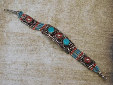 TURQUOISE AND RED CORAL BRACELET ROCK STONE LAPIDARY SPECIMEN