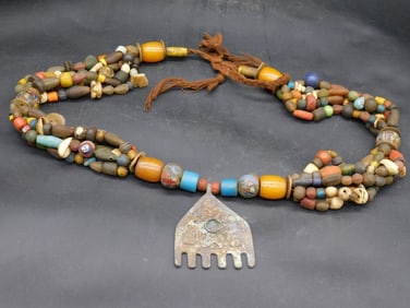 ANTIQUE TRIBAL BEAD NECKLACE CEREMONIAL WITH METAL PENDANT