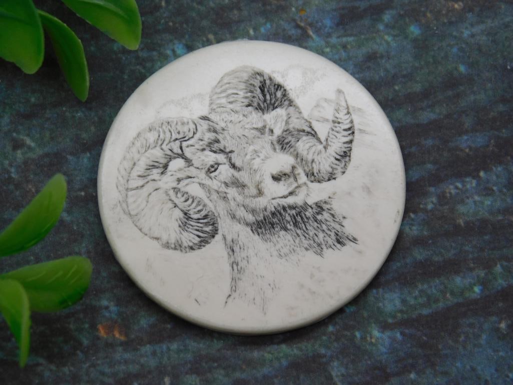 SCRIMSHAW CABOCHON BIGHORN SHEEP ROCK STONE LAPIDARY SPECIMEN: SCRIMSHAW CABOCHON BIGHORN SHEEP ROCK STONE LAPIDARY SPECIMEN