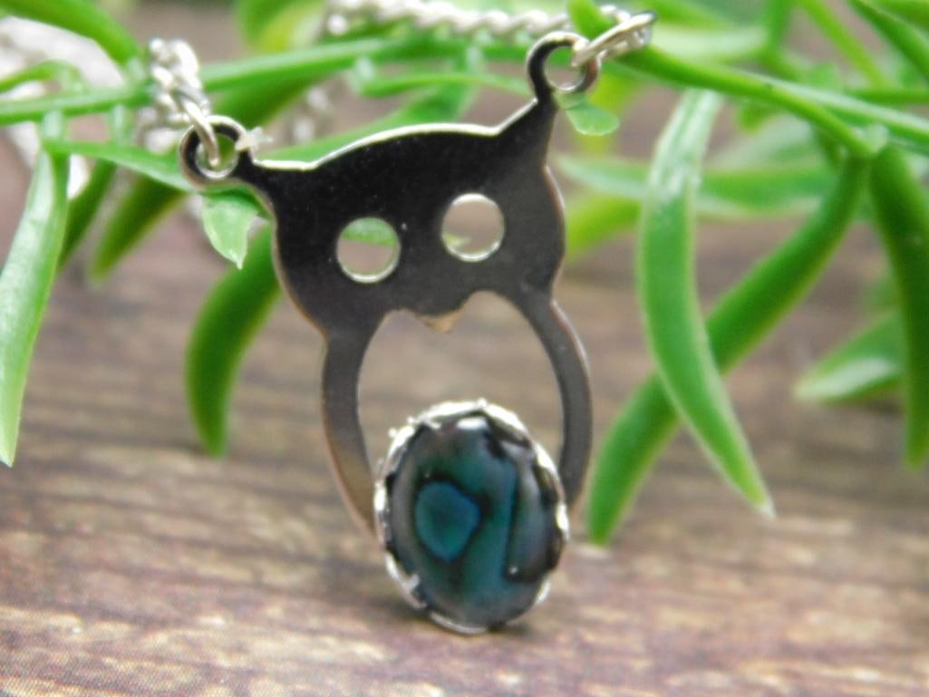 ABALONE OWL PENDANT NECKLACE ROCK STONE LAPIDARY SPECIMEN: ABALONE OWL PENDANT NECKLACE ROCK STONE LAPIDARY SPECIMEN