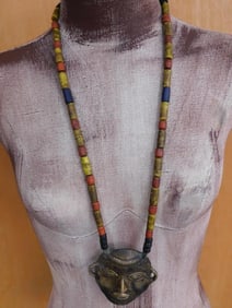 BRASS MASK AFRICAN TRADE BEAD NECKLACE
