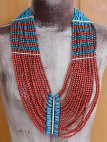 BLUE AND RED CEREMONIAL AFRICAN TRADE BEAD NECKLACE