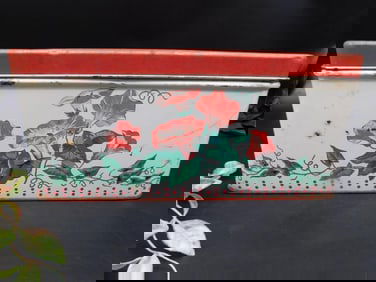 Floral-Decorated Metal Tin with Lid