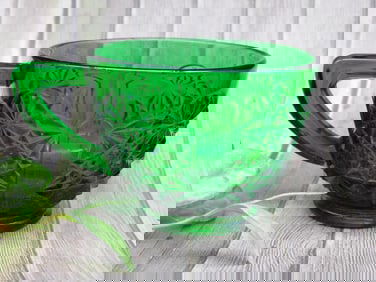 Green Glass Cup with Decorative Raised Pattern