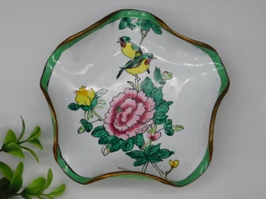 Hand-Painted Ceramic Dish With Floral and Bird Design