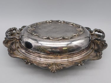 Silver-Plated Lidded Serving Dish with Ornate Tray