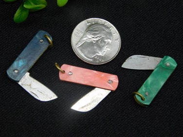 Three Miniature Folding Knives With Colored Handles