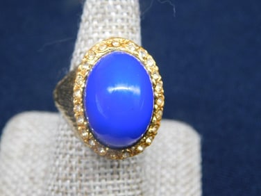 Gold-Tone Ring With Blue Cabochon and Rhinestone Accents