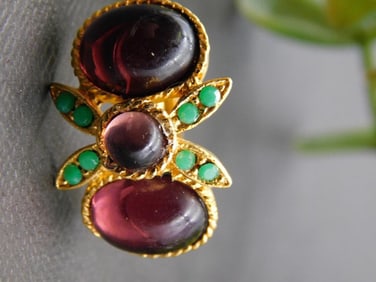 Gold-Tone Ring with Purple and Green Stone Accents